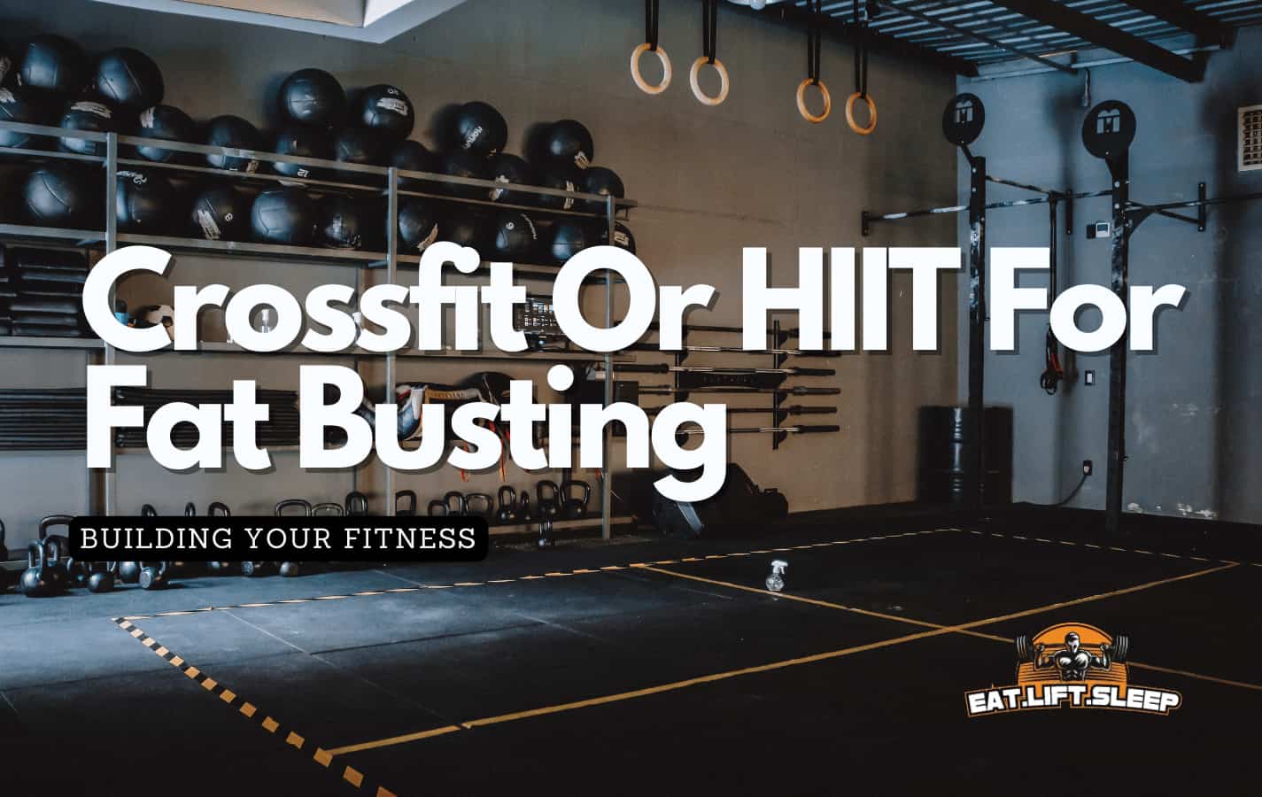 The wall of a Crossfit gym is full of all the equipment you could need for fat busting workouts